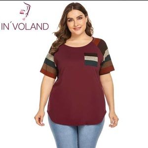 Wine Red Casual Short Sleeve Top with Pocket